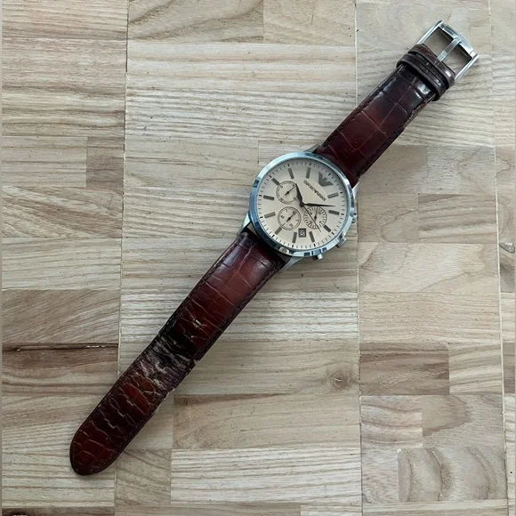 Emporio Armani Chronograph Rare Vintage Men’s Watch Cream Dial Leather Strap